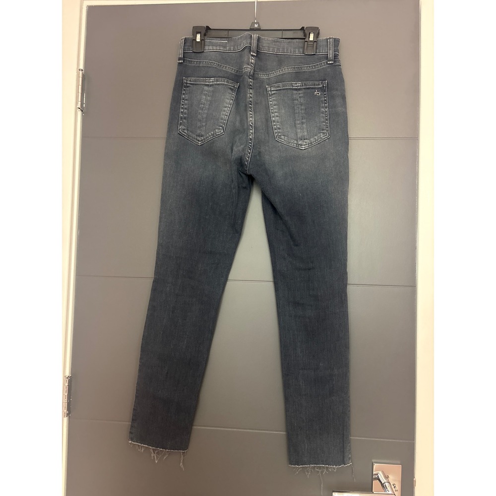 Rag Bone High Rise Ankle Skinny Jeans Dark‎ Wash Distressed Knee Raw Hem Size 28 - Picture 4 of 7